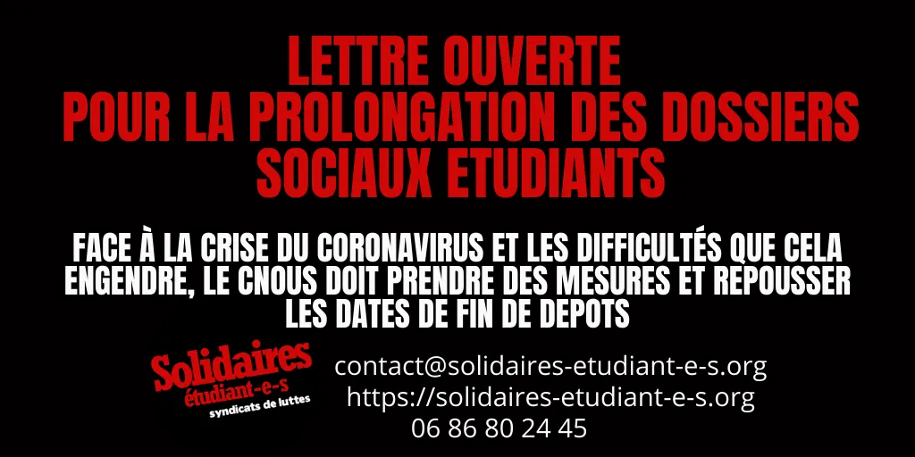 POUR UN REPORT DES DATES DE DEMANDES DE BOURSES ET DE LOGEMENTS CROUS - Lettre ouverte à Frédérique Vidal et à la présidente du CNOUS