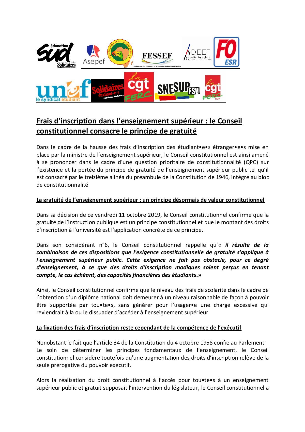 [ COMMUNIQUE COMMUN ] Frais d’inscription dans l’enseignement supérieur : le Conseil constitutionnel consacre le principe de gratuité
