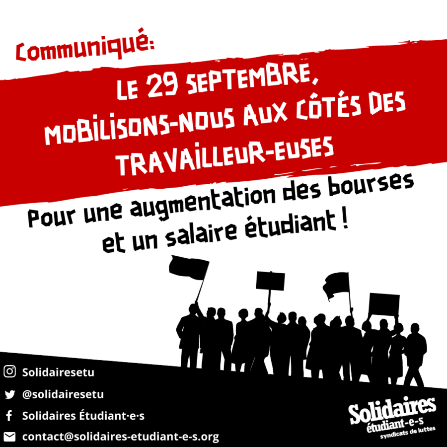 Le 29 septembre, mobilisons-nous aux côtés des travailleur-euses pour une augmentation des bourses et un salaire étudiant !